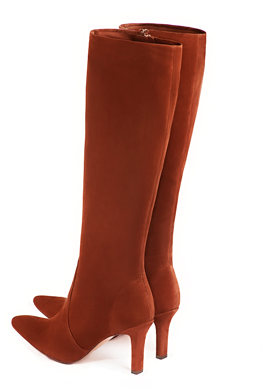 Terracotta orange women's feminine knee-high boots. Tapered toe. High slim heel. Made to measure. Rear view - Florence KOOIJMAN